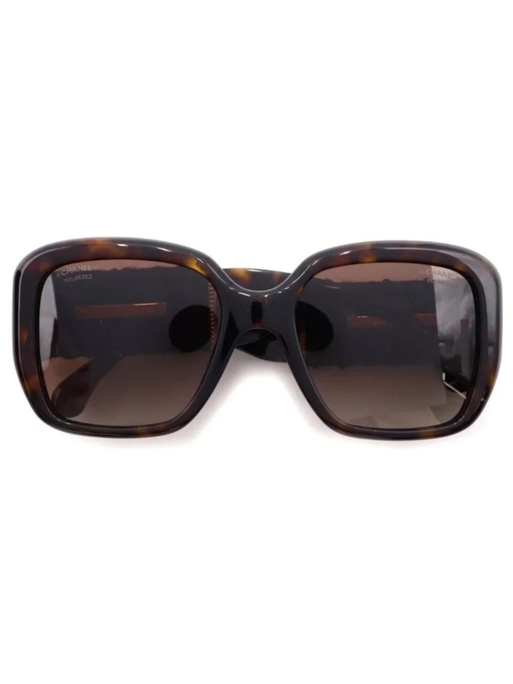 Chanel Square Frame Chain CC Logo Tweed Temple Sunglasses Brown Gold Eyewear